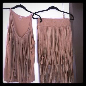 Suede fringe skirt with cotton fringe tank